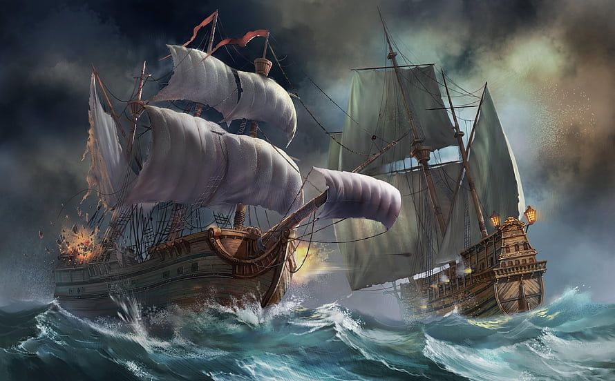 Two Ancient Sailing Ships Battling a Violent Ocean Storm with Explosions HD wallpaper