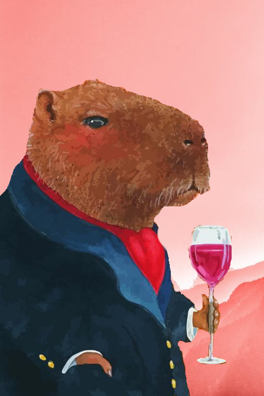 Capybara in a formal suit holding a glass of red wine against a pink background HD phone wallpaper