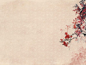 Traditional Japanese Ink Painting of Red Plum Blossoms on Textured Paper HD wallpaper