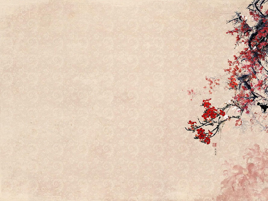 Traditional Japanese Ink Painting of Red Plum Blossoms on Textured Paper HD wallpaper