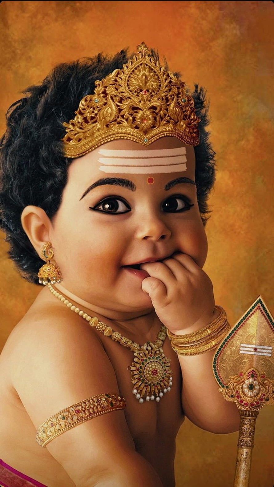 Baby Lord Murugan Portrait with Golden Crown and Vel Weapon HD phone wallpaper