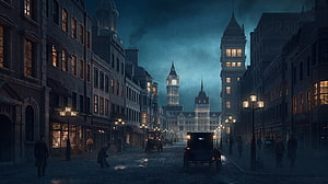 Moody Victorian London Street Scene at Night with Gas Lamps and Early Automobiles HD wallpaper