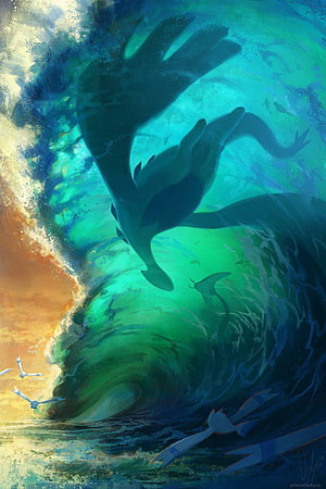 Lugia Soaring Through Turquoise Ocean Waves in Painterly Fantasy Art HD phone wallpaper