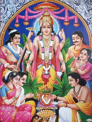 Satyanarayana Swami Traditional Indian Deity Painting with Devotees and Offerings HD phone wallpaper