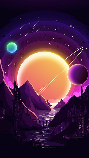 Retro Sci-Fi Space Landscape with Giant Sun, Ringed Planet, and Futuristic City Silhouettes HD phone wallpaper