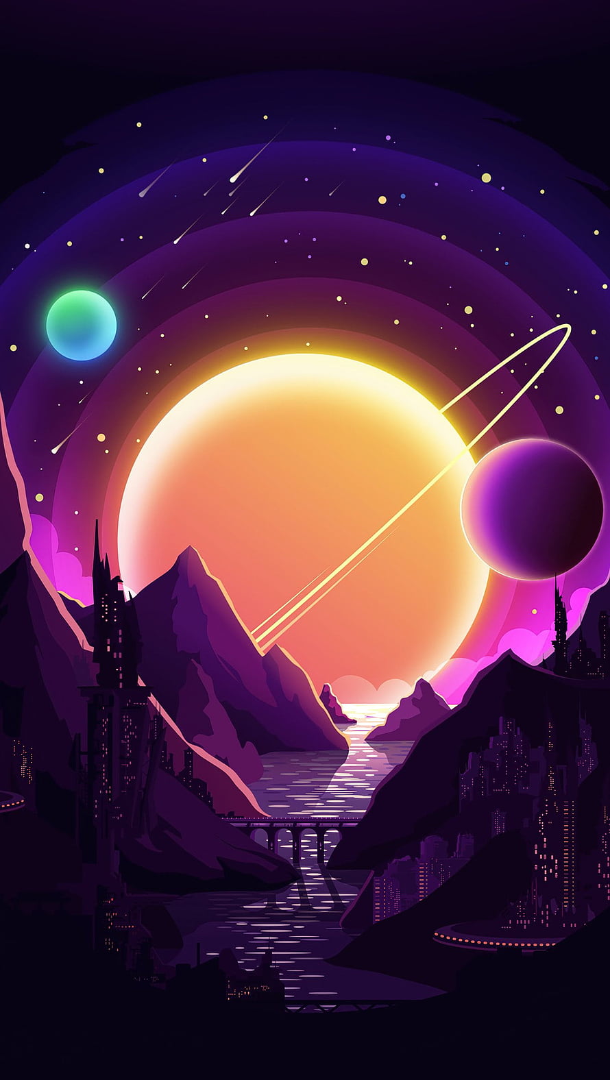 Retro Sci-Fi Space Landscape with Giant Sun, Ringed Planet, and Futuristic City Silhouettes HD phone wallpaper