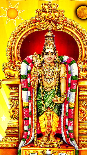 Lord Murugan Devotional Portrait in Ornate Golden Temple Arch with Flower Garlands HD phone wallpaper