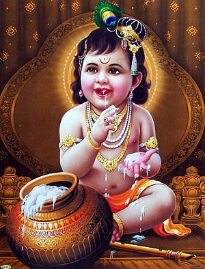 Baby Krishna Stealing Butter from a Pot with Peacock Feather Crown and Flute HD phone wallpaper