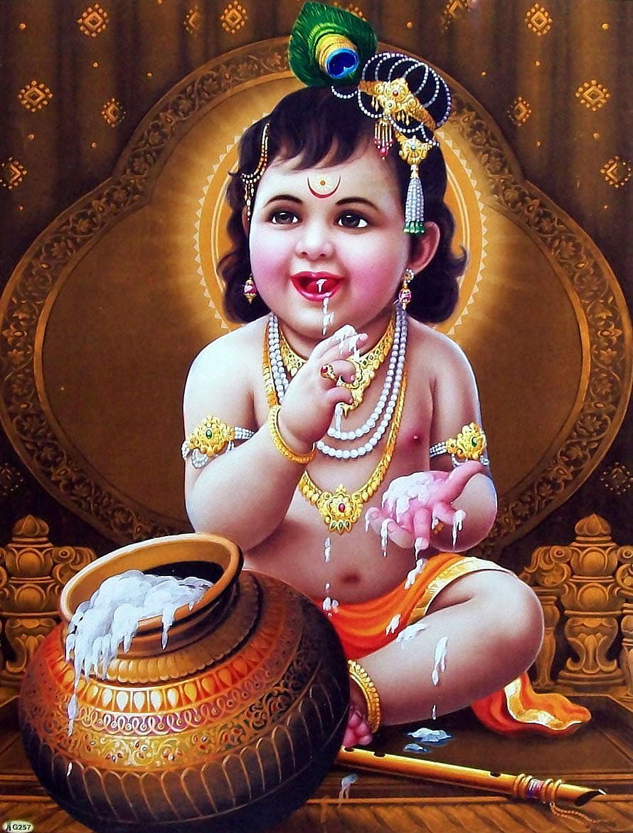 Baby Krishna Stealing Butter from a Pot with Peacock Feather Crown and Flute HD phone wallpaper
