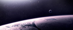 Distant Planet and Moon Viewed from a Snowy World's Horizon in Deep Space HD wallpaper