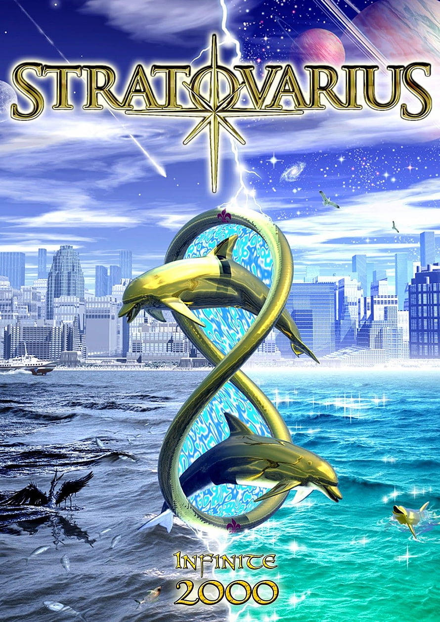 Stratovarius Infinite 2000 Album Artwork with Golden Dolphins and Futuristic City HD phone wallpaper