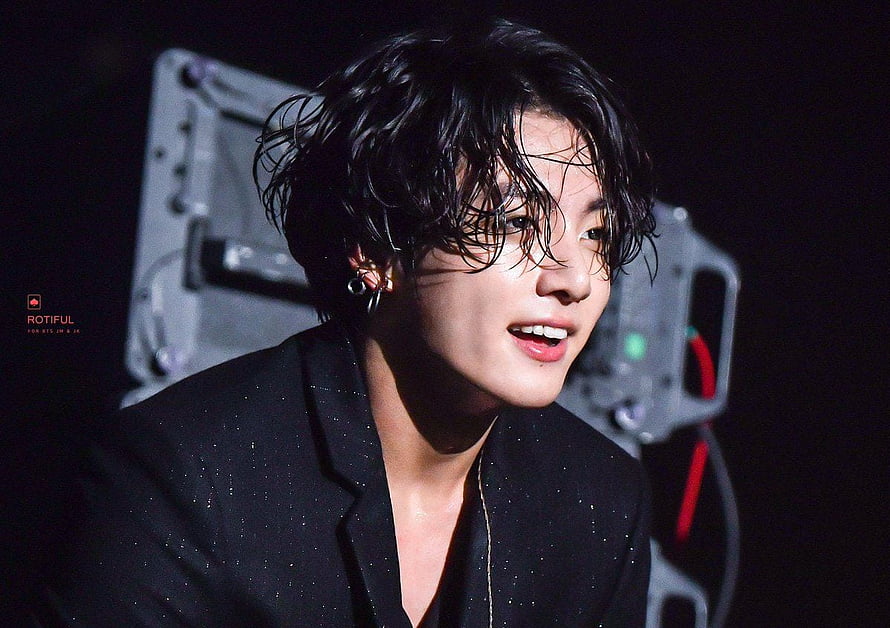 BTS Jungkook Stage Portrait in Black Suit with Wet Hair and Earrings HD wallpaper
