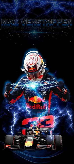 Max Verstappen Red Bull Racing F1 Driver with Electric Lightning and Race Car HD phone wallpaper