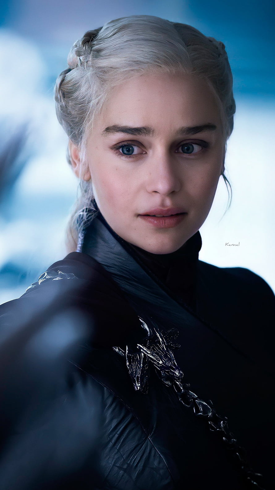 Daenerys Targaryen in Dark Armor with Braided Silver Hair and Intense Blue Eyes HD phone wallpaper