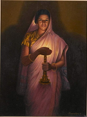 Raja Ravi Varma Style Portrait of Indian Woman Holding Oil Lamp in Saree HD phone wallpaper