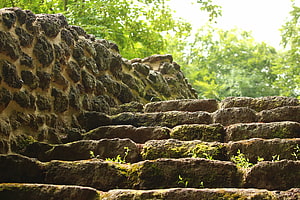 Mossy Stone Steps and Ancient Wall in a Lush Green Forest HD wallpaper