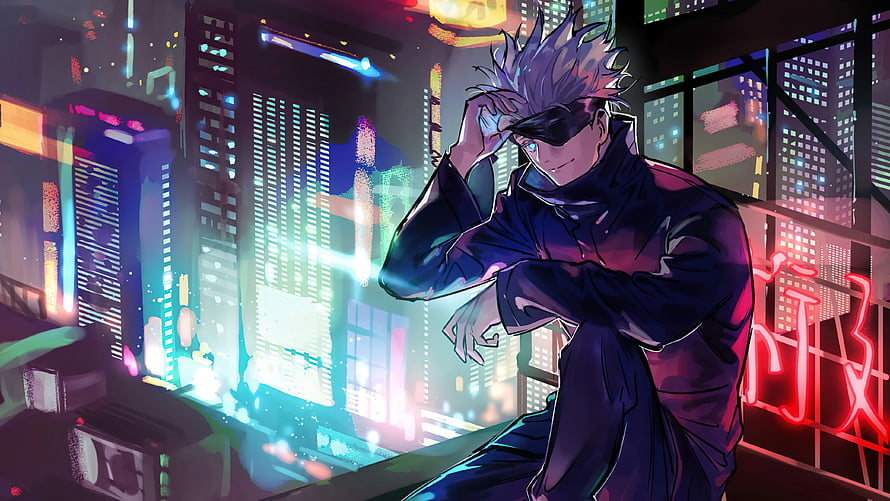 Satoru Gojo from Jujutsu Kaisen in a Neon Cyberpunk Cityscape HD wallpaper