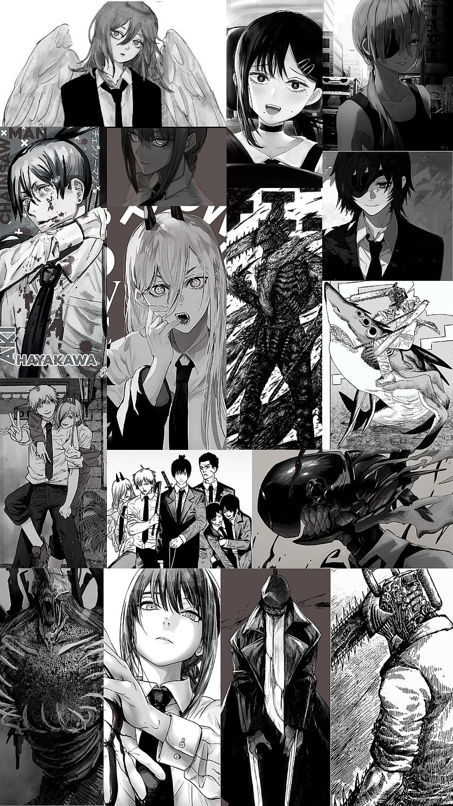 Chainsaw Man manga panel collage featuring Denji, Power, and Makima in black and white HD phone wallpaper