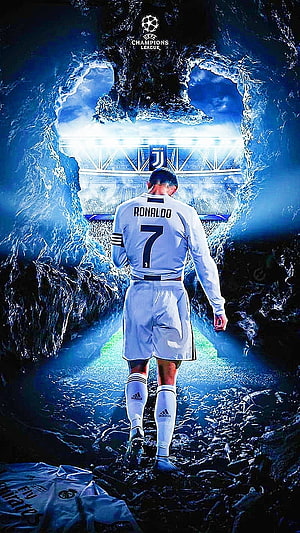Cristiano Ronaldo in Juventus Kit Walking Through Dramatic Blue Cave Toward Champions League Stadium HD phone wallpaper