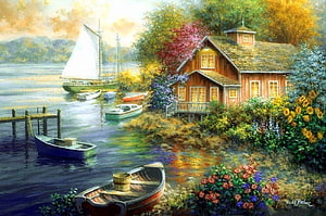 Cozy Lakeside Cottage with Boats and Vibrant Garden in Warm Summer Light HD wallpaper