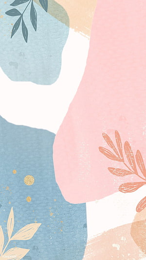 Pastel Abstract Watercolor Background with Botanical Leaf Accents and Gold Dots HD phone wallpaper