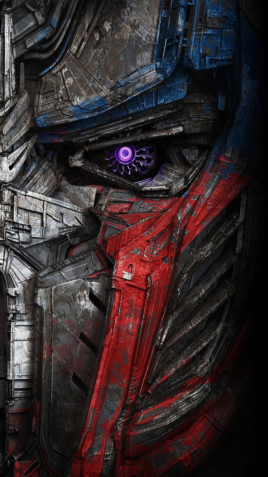Transformers Autobot Face Close-Up with Glowing Purple Eye and Weathered Red Armor HD phone wallpaper