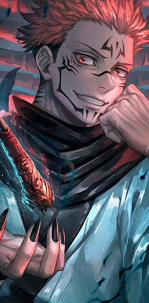 Sukuna from Jujutsu Kaisen with red hair and dark markings in dramatic anime portrait HD phone wallpaper