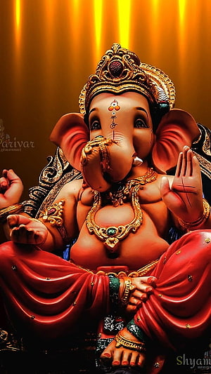 Ganesha Hindu Deity Statue with Golden Crown and Red Drape HD phone wallpaper