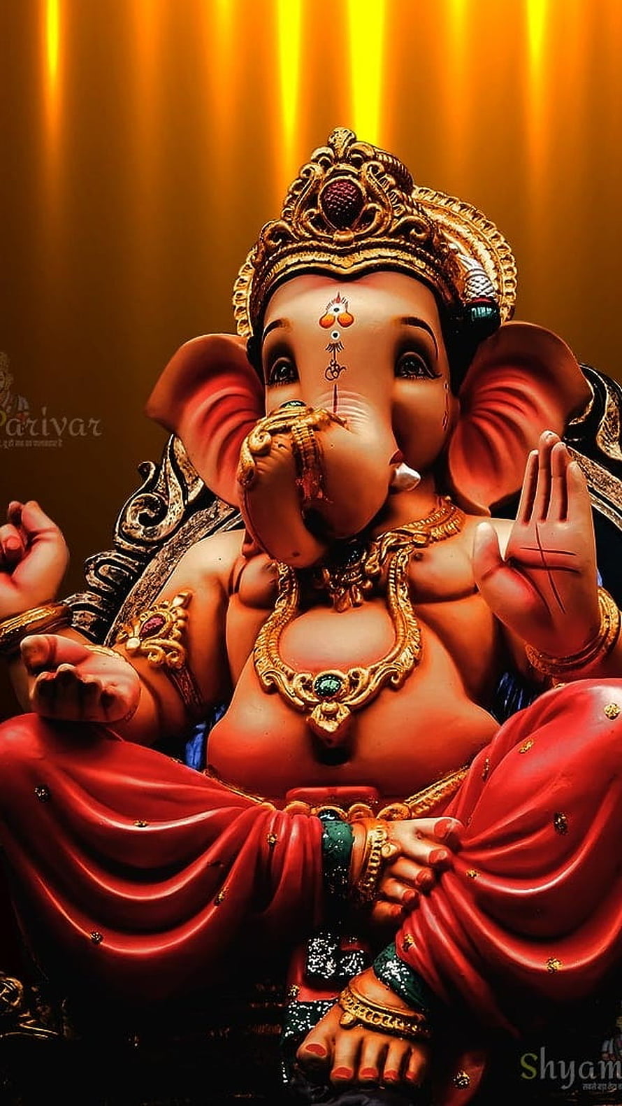 Ganesha Hindu Deity Statue with Golden Crown and Red Drape HD phone wallpaper