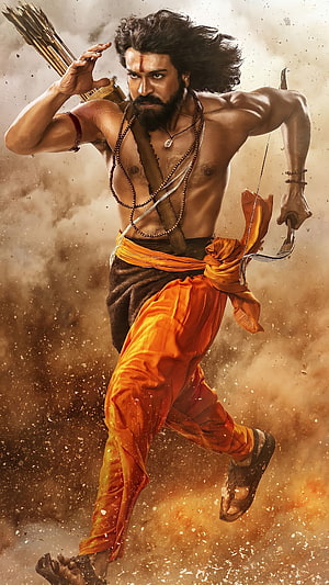 Ramcharan as RRR Warrior in Dynamic Action Pose with Bow and Arrows HD phone wallpaper