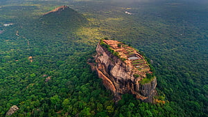 Aerial View of Sigiriya Rock Fortress Rising Above Lush Sri Lankan Jungle Canopy HD wallpaper