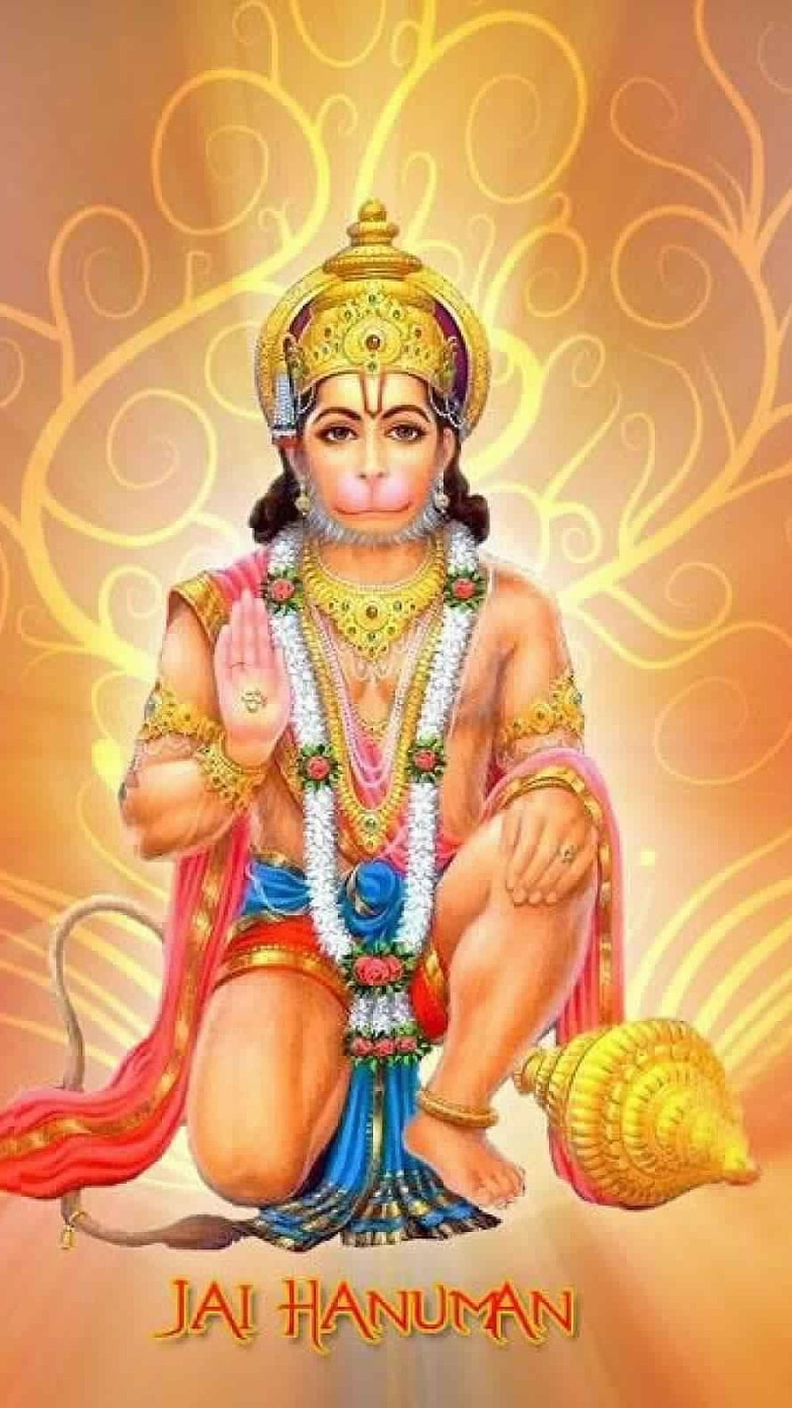 Hanuman Devotional Portrait in Traditional Attire with Golden Crown and Conch Shell HD phone wallpaper