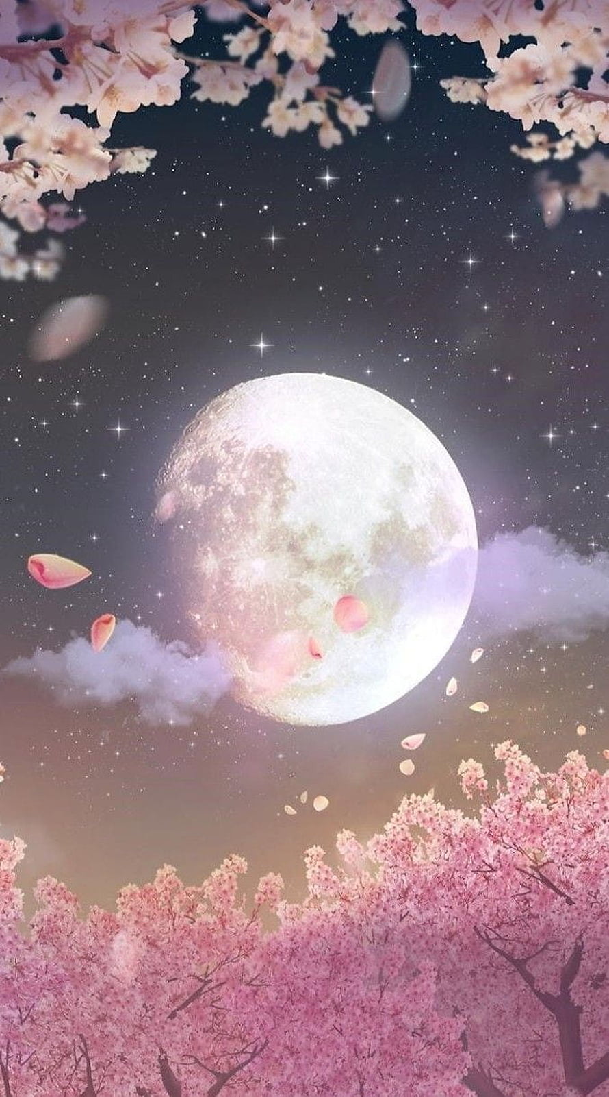 Dreamy Full Moon Rising Over a Sea of Pink Cherry Blossoms Under a Starry Night Sky HD phone wallpaper