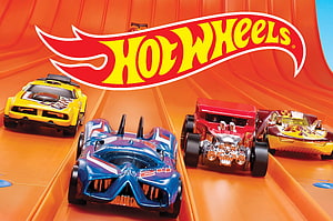 Hot Wheels Die-Cast Toy Cars Racing on Orange Track with Brand Logo HD wallpaper