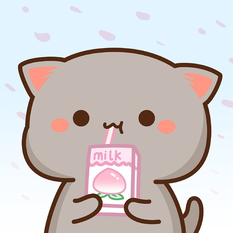 Kawaii Chibi Cat Sipping Peach Milk in a Pastel Digital Illustration HD phone wallpaper