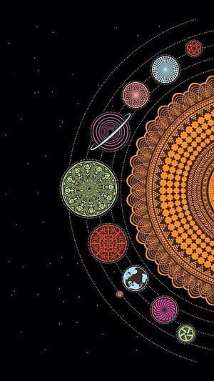Psychedelic Solar System Mandala Artwork with Geometric Planets on Black Background HD phone wallpaper