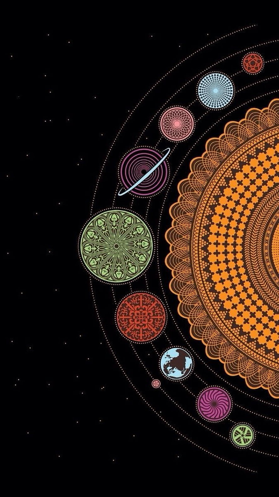 Psychedelic Solar System Mandala Artwork with Geometric Planets on Black Background HD phone wallpaper