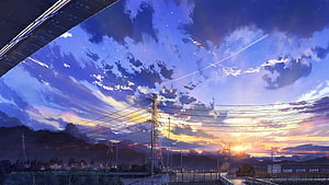 Japanese Twilight Skyline With Power Lines And Distant Mountains HD wallpaper