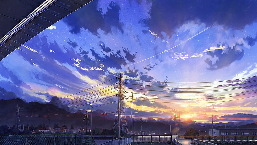 Japanese Twilight Skyline With Power Lines And Distant Mountains HD wallpaper