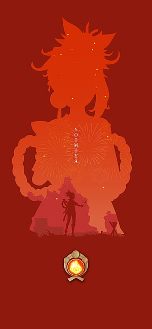Yoimiya Genshin Impact Silhouette Wallpaper with Fireworks and Flame Emblem HD phone wallpaper