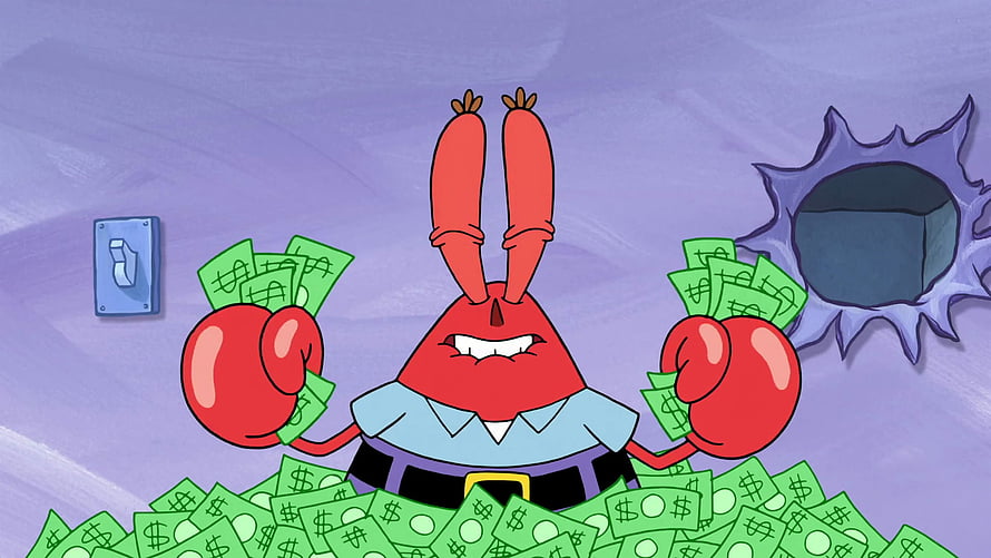 Mr. Krabs from SpongeBob SquarePants Sitting in a Pile of Money HD wallpaper