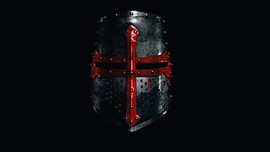 Knights Templar Medieval Helmet with Red Cross on Black Background HD wallpaper