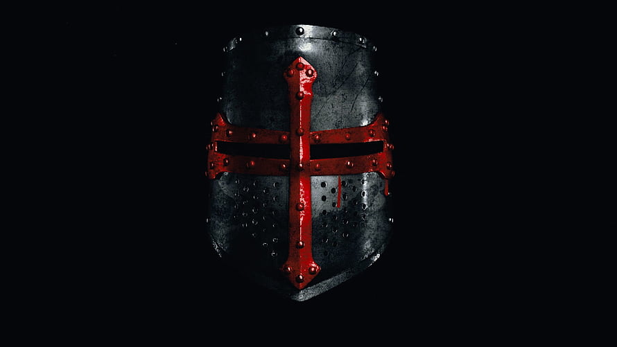 Knights Templar Medieval Helmet with Red Cross on Black Background HD wallpaper