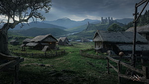 Medieval Fantasy Village Landscape With Distant Castle And Rolling Hills HD wallpaper