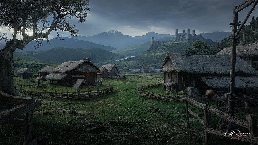 Medieval Fantasy Village Landscape With Distant Castle And Rolling Hills HD wallpaper