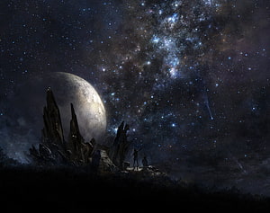 Silhouetted Figures Gazing at a Distant Planet and Starry Galaxy HD wallpaper