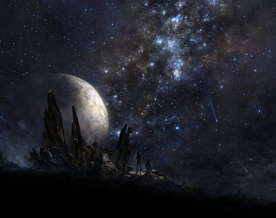 Silhouetted Figures Gazing at a Distant Planet and Starry Galaxy HD wallpaper