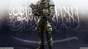 Modern Soldier in Tactical Gear Holding Rifle Against Arabic Calligraphy Background HD wallpaper
