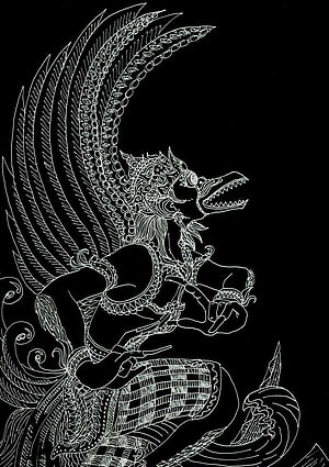 Intricate White Line Art of a Wayang Character on Black Background HD phone wallpaper