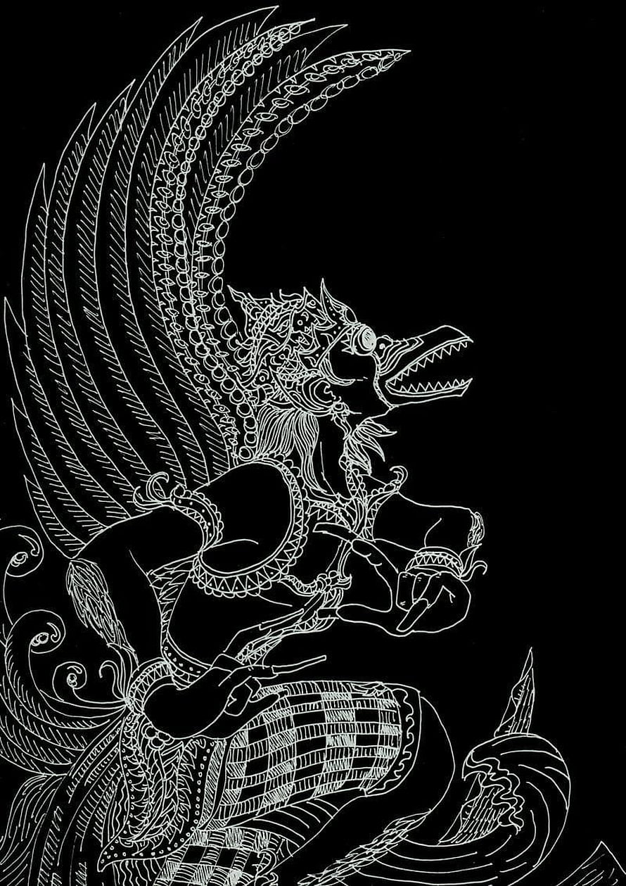 Intricate White Line Art of a Wayang Character on Black Background HD phone wallpaper